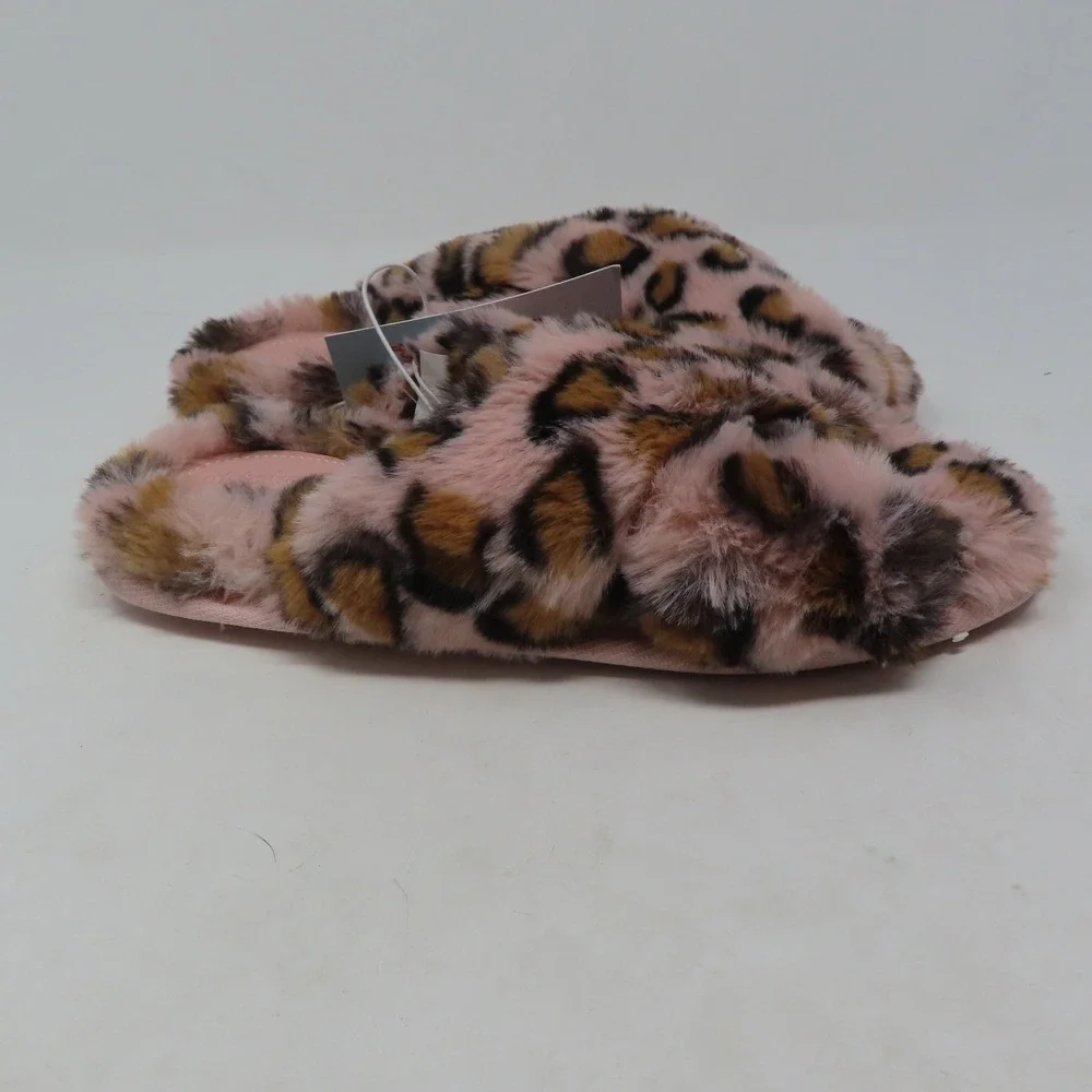 Cat & Jack Girls Pink Leopard Faux Fur‎ Criss Cross Slippers Medium 2/3 Brooklyn